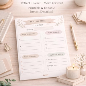 May include: A printable monthly reset planner with sections for reflection, goal setting, and action steps. The planner includes prompts for what drained you, what worked, and what to release. The design is neutral with floral accents.