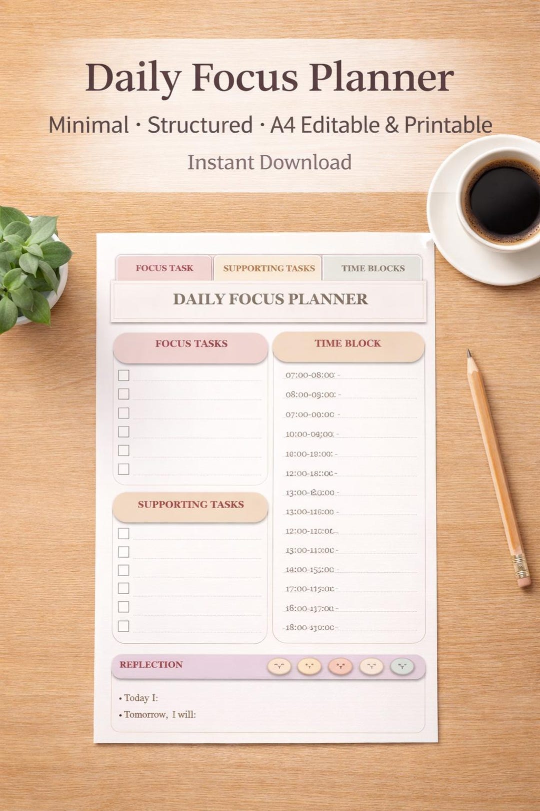 Daily Focus Planner A4 | Editable & Printable | Time Blocking | ADHD ...