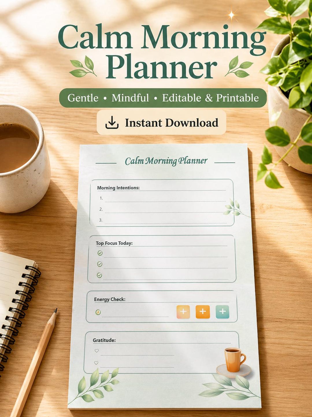 Mourning Routine Intentions Worksheet Calm Morning Planner Printable, A4 Daily Planner, Editable, Mindful ...