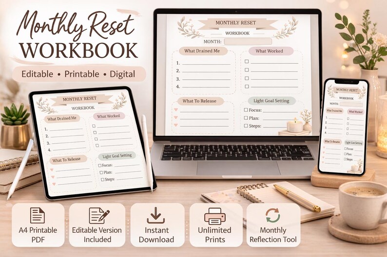 Monthly Reset Planner Printable & Editable | Self-reflection Workbook | Monthly Worksheet | Goal ...