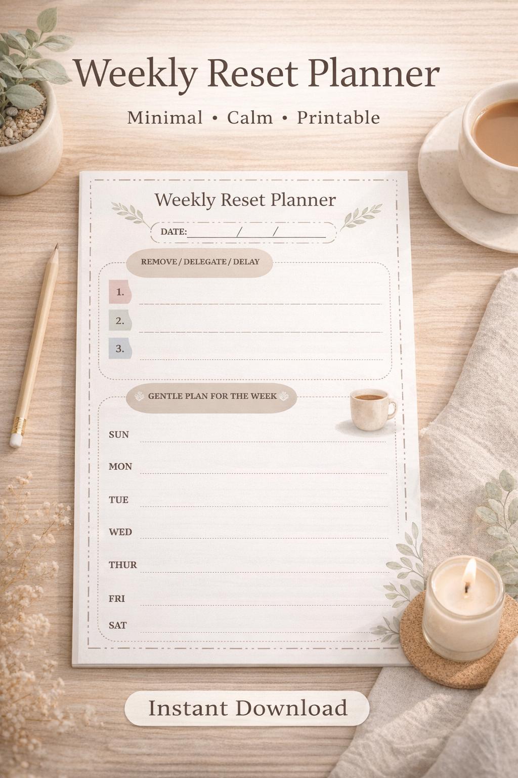 Editable Weekly Reset Planner Printable PDF, Minimal Planner, ADHD ...