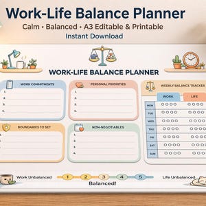 May include: A Work-Life Balance Planner, A3 size, with sections for work commitments, personal priorities, boundaries, and non-negotiables. It includes a weekly balance tracker to help users manage their work and life. The planner is designed to promote a balanced lifestyle.