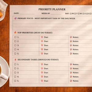 以下が含まれることがあります： 毎日のタスク、クロワッサン、コーヒーカップ、金のペンが置かれた木製の表面にある優先順位プランナーシート。プランナーには、主な焦点、最優先事項、および二次的なタスクのセクションが含まれています。