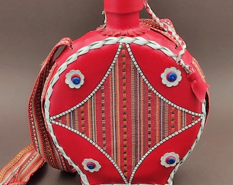 Vintage Serbian Čutura, traditional leather canteen with woven shoulder strap, Balkan folk art | ethnic decoration, collector's item