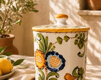 Vintage Italian majolica ceramic jar with lid, hand-painted, floral Mediterranean decor, Italy