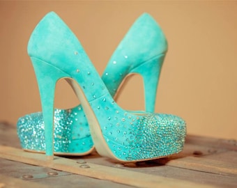 Blue wedding shoes, Blue high heels, bridals shoes, something blue, Crystal heels, Bridal shoes