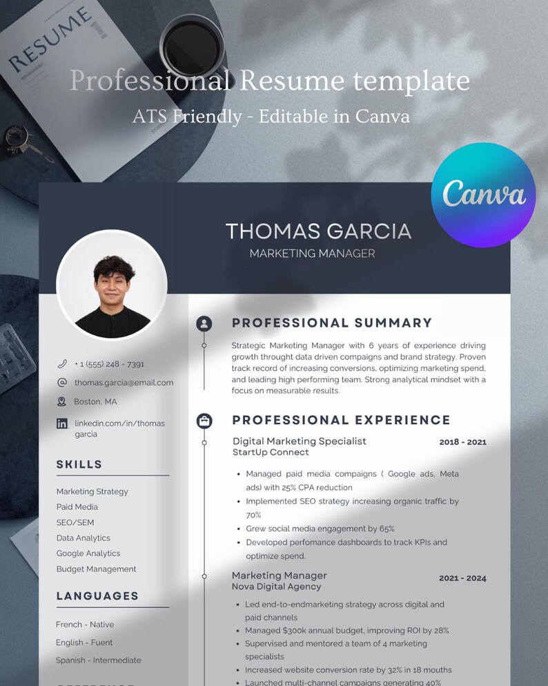 Elegant Corporate Resume Template – Canva Editable – ATS Friendly ...
