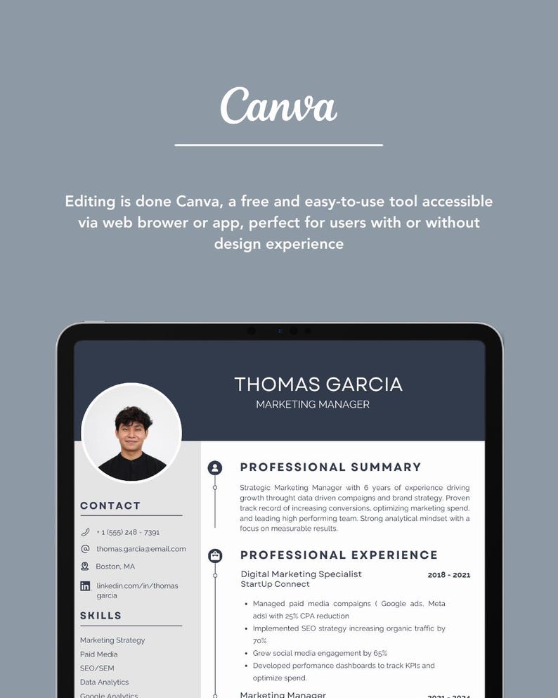 Elegant Corporate Resume Template – Canva Editable – ATS Friendly ...