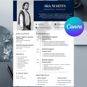 Peut inclure: Un modèle de CV professionnel avec une photo, des coordonnées, l'éducation, l'expérience, les compétences et les références. Le design utilise un code couleur bleu marine et blanc. Le logo Canva est visible.