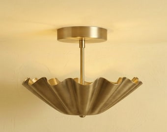 Scalloped Gold Semi Flush Mount Light | Brass Flower Ceiling Fixture | Modern Farmhouse Lighting, Century Modern Lighting for Hallway