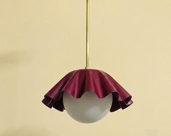 Ruffled Burgundy Pendant Light - Modern Brass Globe Hanging Lamp for Kitchen Island or Dining Room - Unique Minimalist Lighting