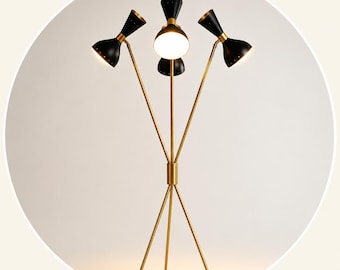 Modern Tripod Floor Lamp, Black Gold Brass, Mid Century Style Lighting