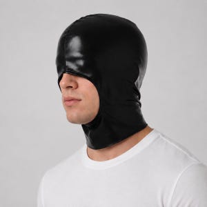 May include: A black hood made of a smooth, shiny, leather-like material that covers the entire head and neck, featuring a single large opening for the eyes, nose, and mouth area, providing a snug fit around the crown and down to the collarbone.