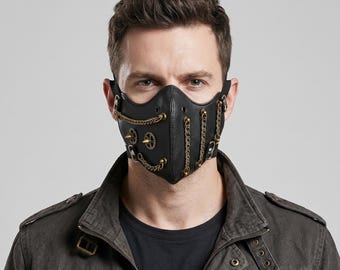 Steampunk Mask Faux Leather Face Mask | Gothic Punk Chain Hardware Halloween Costume | Dieselpunk Festival Burning Man Gear