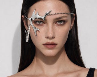 Cyberpunk-Maske mit gotischem, mechanischem Alien-Spike | Gesichtskette und Ohrmanschette aus Edelstahl | Alternative Cosplay-Mode