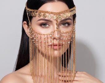 Gold Chain Face Veil – Rhinestone Tassel Headpiece, Bridal Festival Accessory