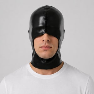 Faux Leather Hood Mask | Full Head Cover Gothic Wet Look Cosplay Halloween | Theatrical Prop Club Wear Costume Accessory image 1