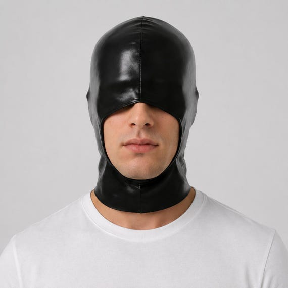 Faux Leather Hood Mask | Full Head Cover Gothic Wet Look Cosplay Halloween | Theatrical Prop Club Wear Costume Accessory