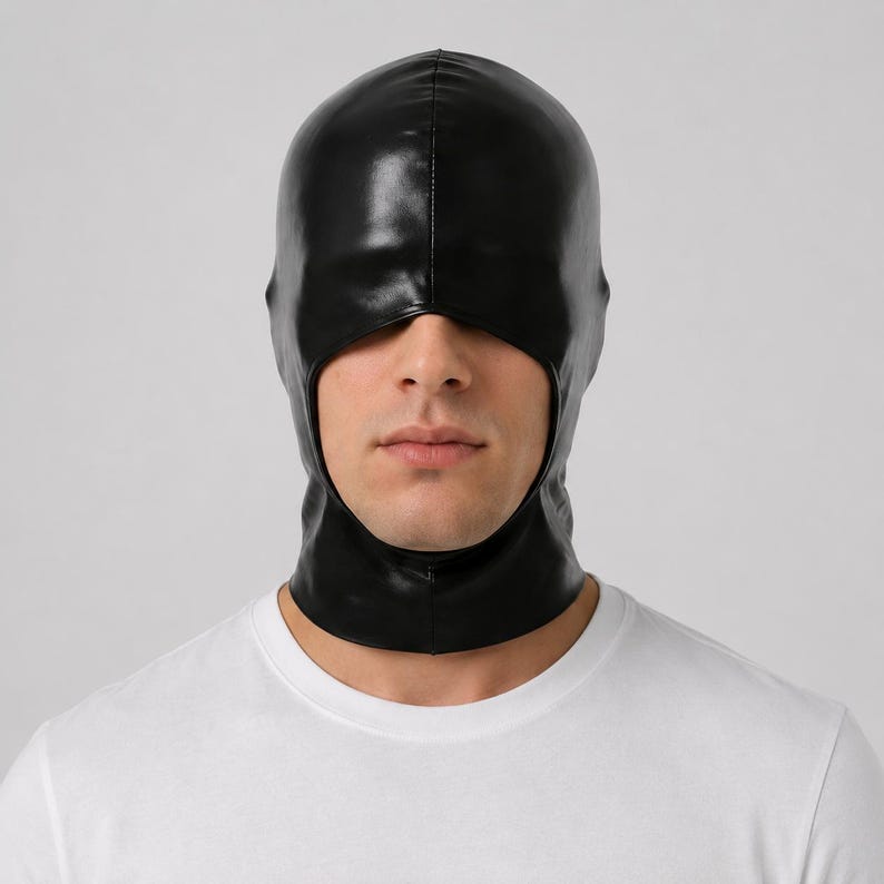 Faux Leather Hood Mask | Full Head Cover Gothic Wet Look Cosplay Halloween | Theatrical Prop Club Wear Costume Accessory image 1