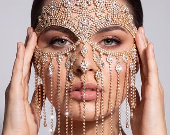 Máscara facial de cristal con diamantes de imitación – Joyería de flecos de cadena para fiestas de Halloween