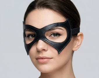 Máscara de ojos de gato de cuero negro – Ajustable, ideal para disfraces, cosplay y otros usos.