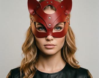 Red Cat PU Leather Mask – Feline Eye Mask for Parties, Cosplay, Festivals