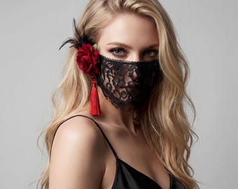 Gesichtsmaske aus schwarzer Spitze - viktorianisches Gothic Rosenfeder Quasten-Detail
