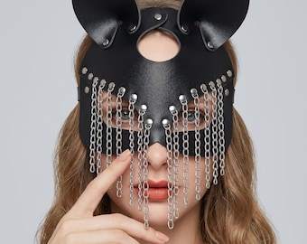 Máscara de conejo de piel sintética negra con flecos de cadena – Accesorio para disfraces de fiesta gótica