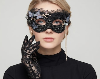 Lace Masquerade Maske Schmetterling Applikation | Pailletten Augenmaske Perle Kette Quaste | Gothic Halloween Abschlussball Party Kostüm Accessoire