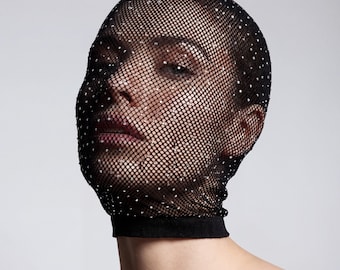 Rhinestone Mesh Mask Hood - Sparkly Face Cover Mask - Festival Rave Mask - Party Head Cover - Gothic Costume Mask