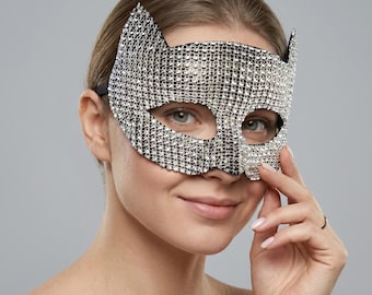 Máscara de gato con diamantes de imitación: deslumbrante máscara de cristal para fiestas, festivales y Halloween.