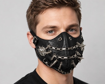 Steampunk Leather Mask | Gothic Cosplay Face Mask Spiked Hardware | Biker Masquerade Party Mask for Men
