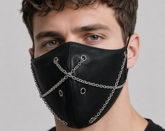 Steampunk Leder Gesichtsmaske | Kette Detail Gothic Punk Y2K Style | Festival Rave Kostüm Maske | Ausgefallenes Alternatives Mode Accessoire