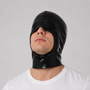 May include: A black hood made of a smooth, shiny material that covers the head and neck, featuring a single large opening for the eyes, nose, and mouth area. The hood has a central seam running vertically from the forehead to the crown.