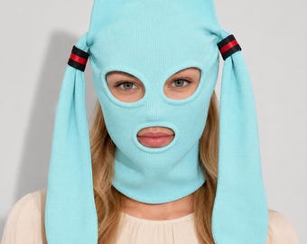 Anime Cosplay Katzenohren Balaclava Maske | Türkisfarbene Haube gestrickt für Conventions | Kawaii Gesichtsmaske | Kostüm-Party-Kleid
