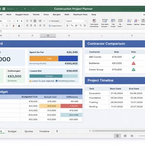 Könnte beinhalten: Screenshot einer Software-Oberfläche für die Bauprojektplanung. Das Dashboard zeigt das Gesamtbudget, die Ausgaben und die Details des Projektbudgets an. Enthält einen Auftragnehmervergleich und Informationen zum Projektzeitplan.
