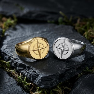 North Star Compass Signet Ring, Stainless Steel Nautical Sailor Jewelry, Men's Celestial Anchor Band