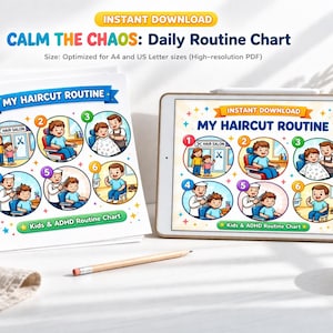 Może przedstawiać: Cyfrowe pobranie wykresu "Moja rutyna strzyżenia" dla dzieci i osób z ADHD. Wykres jest wyświetlany na papierze i tablecie, z kolorowymi ilustracjami procesu strzyżenia dziecka. Tekst "Calm the Chaos" znajduje się na górze.