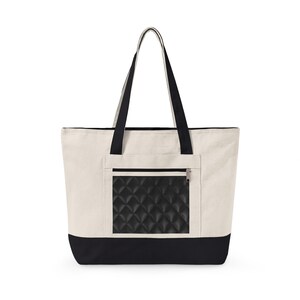 May include: Cream-colored tote bag with black accents. Features a black quilted pocket with a zipper closure. The bag has black handles and a black base. A stylish and functional accessory for everyday use.