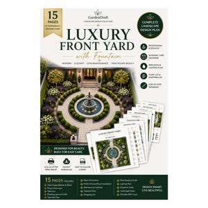 May include: A 15-page digital landscape design plan titled Luxury Front Yard with Fountain. The document features a central fountain, circular stone pathways, and manicured greenery. It includes a seasonal care calendar, irrigation and lighting plans, a plant list, and step-by-step guidance for a front yard layout.