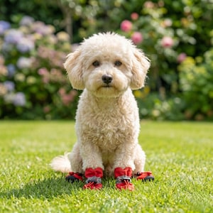 May include: A small, cream-colored dog with curly fur sitting upright. The dog is wearing four bright red protective boots on its paws. Each boot features a black adjustable drawstring cord and a reflective silver strip across the front.