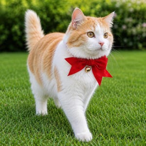 Può includere: Un gatto rosso e bianco che indossa un collare con un papillon in tessuto rosso brillante e un piccolo campanellino dorato al centro. Il gatto presenta striature arancioni sulla testa e sul dorso, con petto, muso e zampe di colore bianco.