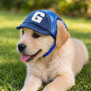 May include: A blue baseball cap with a white letter G on the front panel. The cap features a structured brim, a mesh back section for ventilation, and a thin blue chin strap to secure the hat in place on the head of a golden-colored puppy.