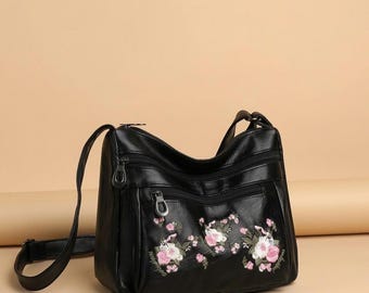 Floral Embroidered Vegan Leather Crossbody Purse with Multiple Pockets