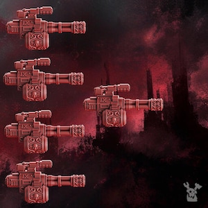 May include: Several red-brown miniature cannons with intricate details are displayed against a dark red background. Each cannon features a skull emblem and the Roman numeral IX. The design suggests a fantasy or war game theme.