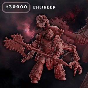 Puede incluir: Figura de color marrón rojizo de un Ingeniero, sosteniendo un hacha grande con una hoja en forma de engranaje. La figura lleva una armadura detallada y tiene brazos mecánicos. El texto "30000 ENGINEER" está en la parte superior. El fondo es rojo oscuro y negro.