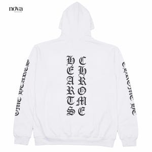 May include: White hoodie with a hood and long sleeves. The back features the text "CHROME HEARTS" in a gothic font. The sleeves also have text in a gothic font. The brand name "nova wear" is in the top left corner.