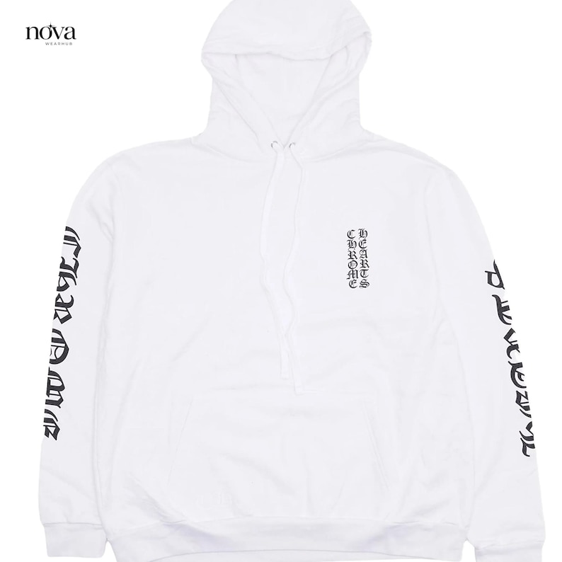 May include: White hoodie with a drawstring hood and long sleeves. The sleeves and chest feature black gothic lettering that reads "Chrome Hearts". The hoodie is made of a soft material and is suitable for casual wear.