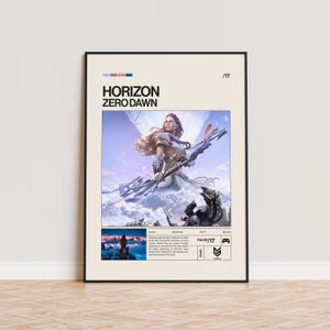 Op de afbeelding: Een ingelijste poster met het videospel "Horizon Zero Dawn". De poster heeft een crèmekleurige achtergrond met de titel van het spel in zwarte letters. De afbeelding toont een vrouw met pijl en boog, met een futuristisch wezen op de achtergrond. De poster bevat tekst en afbeeldingen.