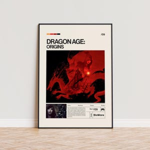 Peut inclure: Affiche encadrée avec le titre "DRAGON AGE: ORIGINS" en lettres blanches. L'œuvre présente un dragon rouge et des personnages dans un style sombre et dramatique. L'affiche comprend la date du 3/09 novembre et le logo du studio BioWare.